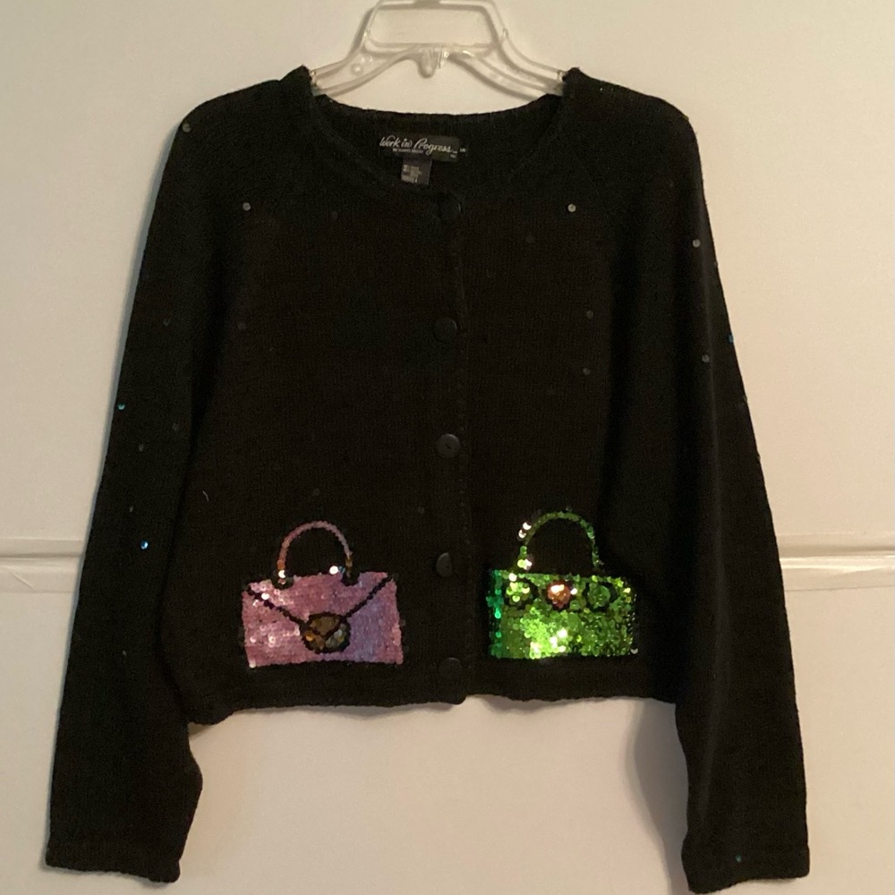 Work In Progress woman’s Black Cardigan with Sequin Handbag Design